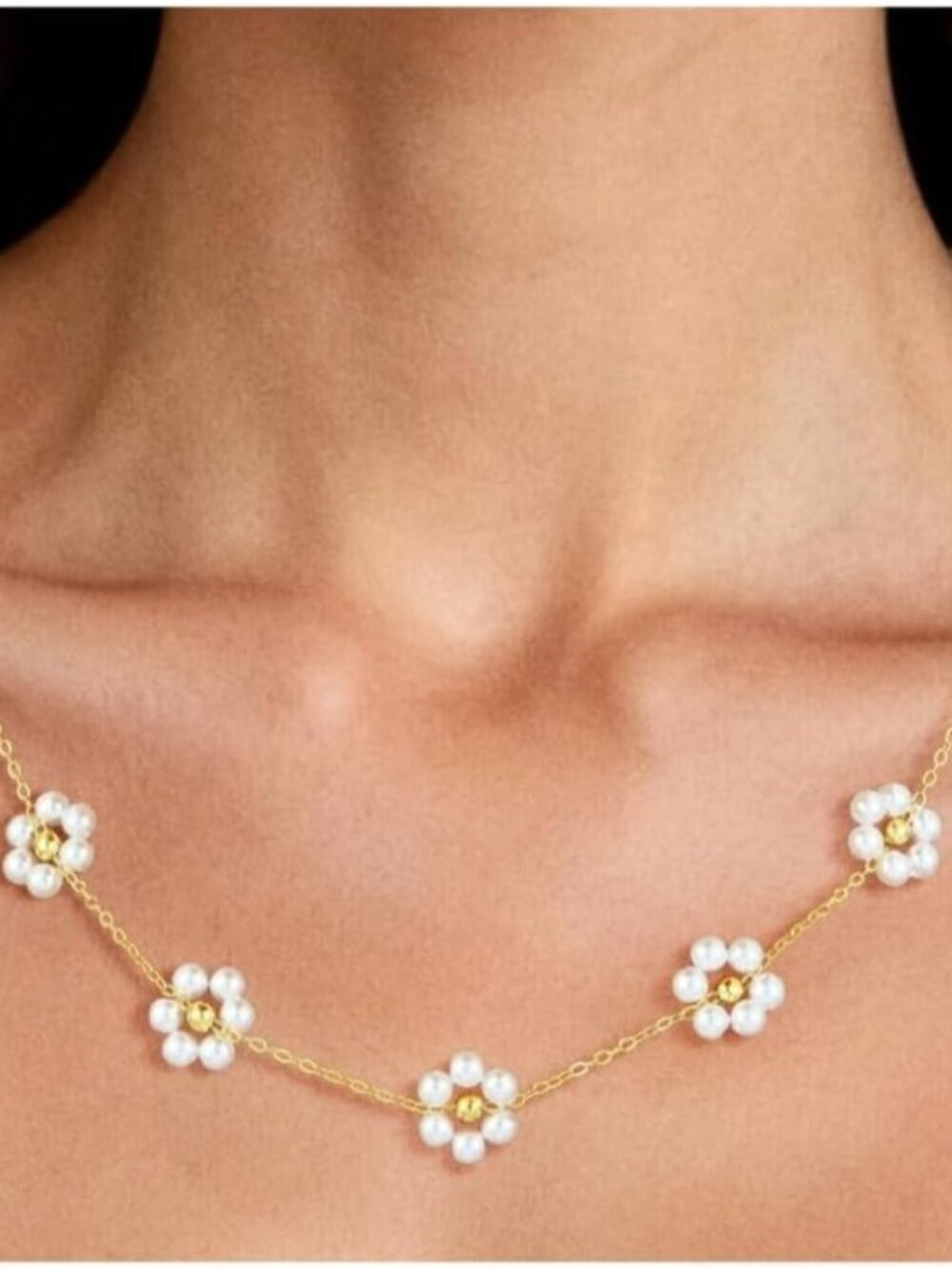 Women's Flower Gold Pearl Necklace 14k Gold Plated Dainty Pearl Necklace Choker